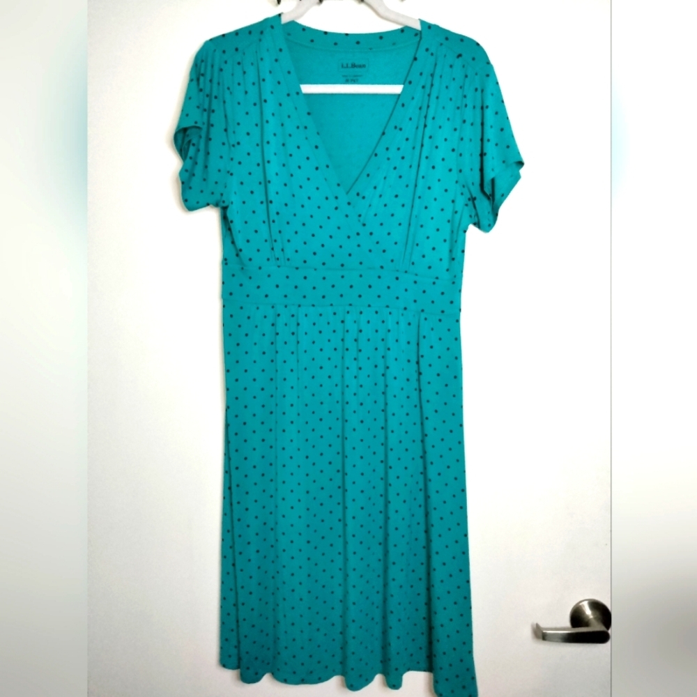 L.L. Bean (Size Mp) Teal V-Neck Polka Dot Summer Knit SS Fit & Flare Dress